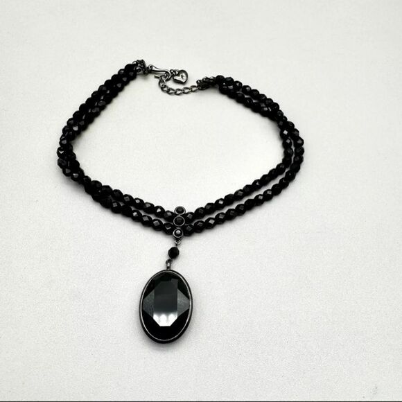Carolee Necklace Black Beaded Faceted Chunky Pendant DBL Strand 12" Chain NWOT - Picture 3 of 8